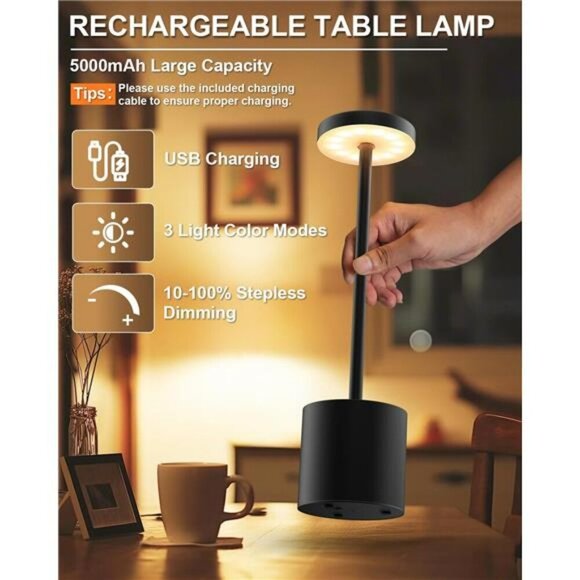Cordless LED Table Lamps Set Rechargeable Dimmable Light for Patio Bedroom - Picture 3 of 7